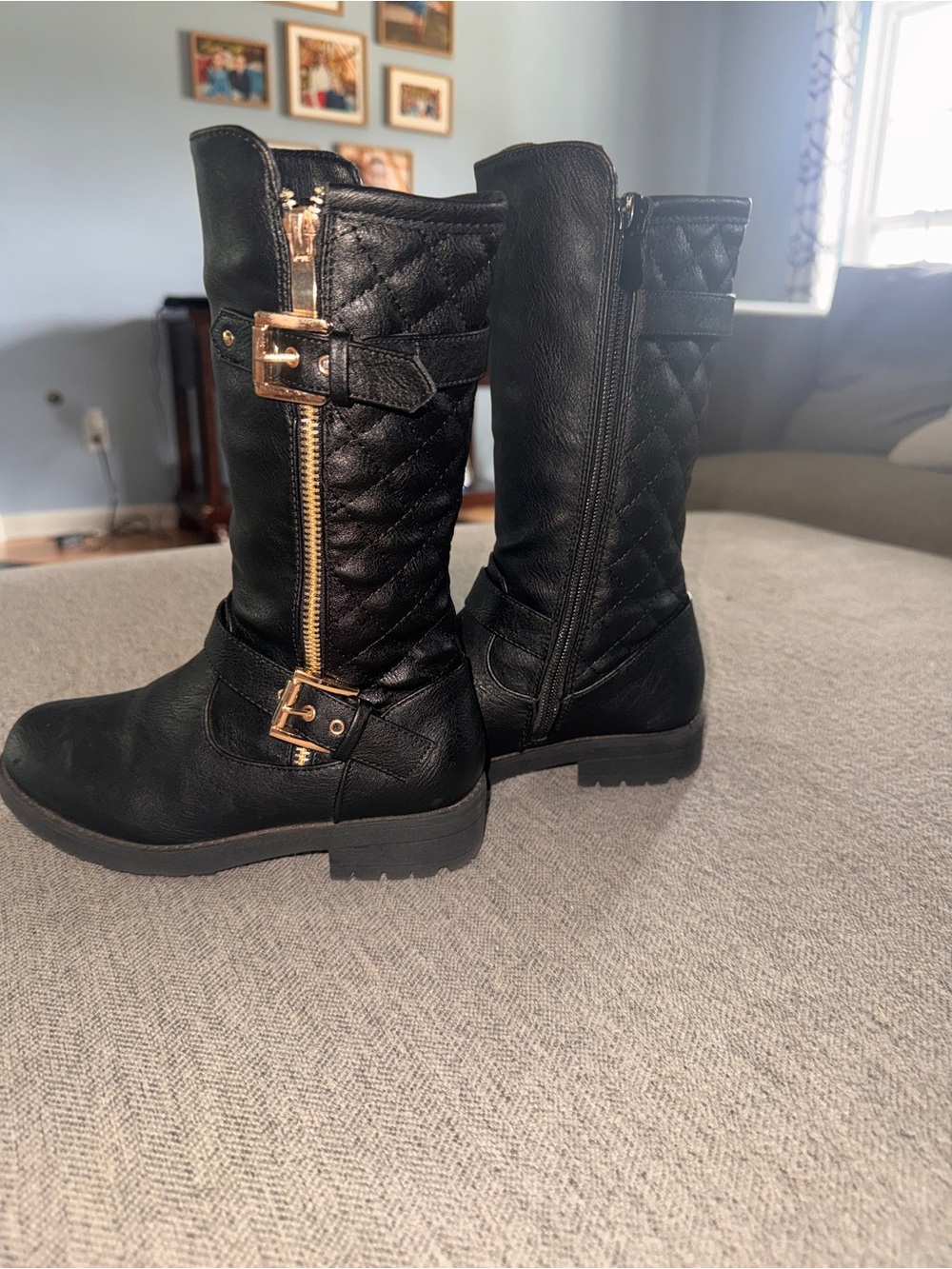 Dream Pairs Kids Black Quilted Mid-Calf Boots with Gold Hardware